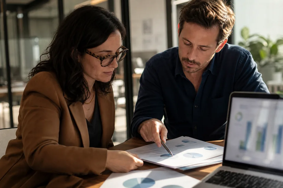 Two marketing team members reviewing an annual software contract and creator budget at a meeting table
