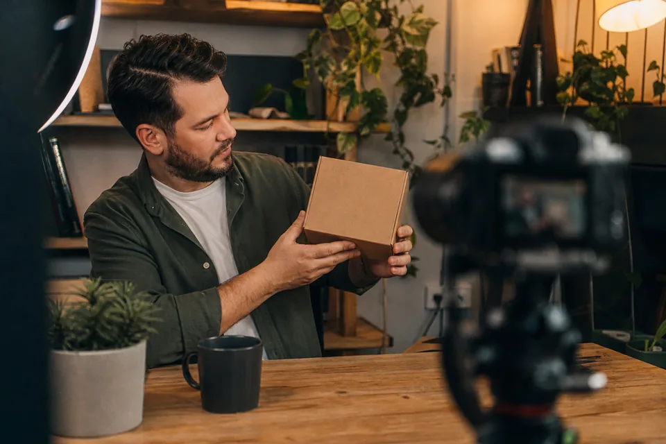 YouTube creator in a home studio filming a sponsored product segment, holding a plain unbranded box toward a camera on a tripod